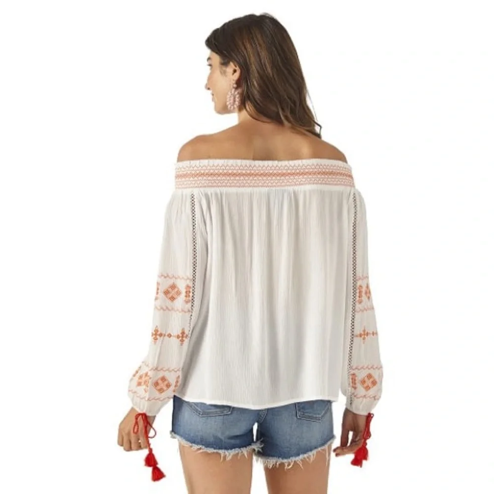 Wrangler Off Shoulder Boho Cowgirl Top White Embroidered Peasant Blouse Small